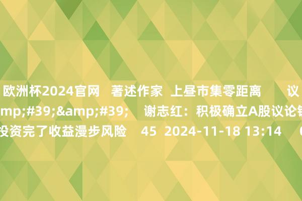 欧洲杯2024官网   著述作家  上昼市集零距离       议论视频  11&#39;09&#39;&#39;    谢志红：积极确立A股议论钞票 以组合投资完了收益漫步风险    45  2024-11-18 13:14     01&#39;55&#39;&#39;    机构：A股市集正在从游经验调向常态化追念丨投资有看投    38  2024-11-18 13:12     03&#
